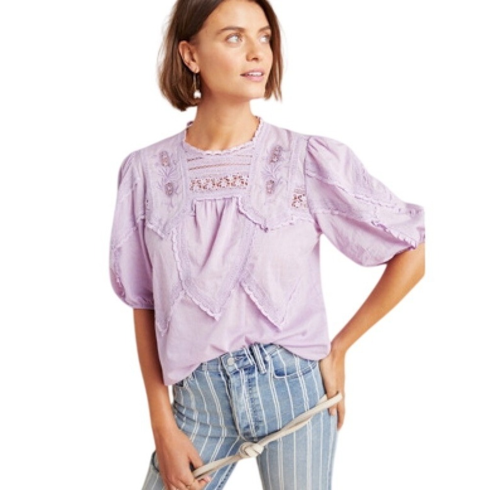 Anthropologie Lilac Purple Embroidered Lace Trim Swiss Dot Blouse MEDIUM